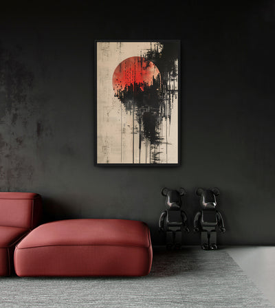 Moonlit Morse room mockup: a red sun-like circle interrupted by black glitch-like marks on beige, shown above a red chaise.