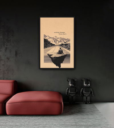 Change room mockup: a seated figure on a floating rock facing a mountain road, with NOTHING CHANGES IF YOU DON’T lettering, shown above a red chaise.