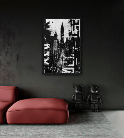 New York City room mockup: a black-and-white New York street collage with the Empire State Building and layered lettering, shown above a red chaise.