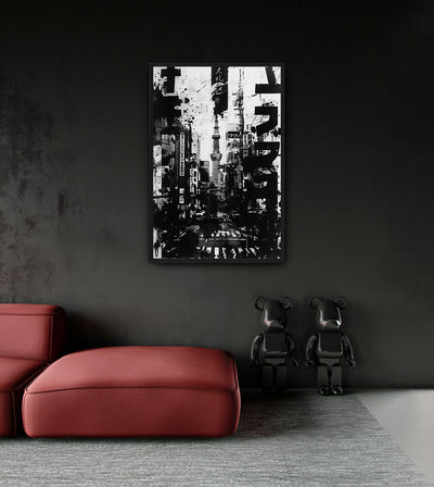 Tokyo room mockup: a black-and-white Tokyo street collage with signs and a tall tower, shown above a red chaise.