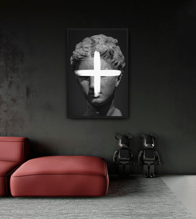 Addition room mockup: monochrome classical head crossed by a white plus sign, shown above a red chaise.
