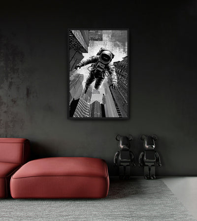 EXPLORE room mockup: a black-and-white astronaut floating between skyscrapers against halftone dots, shown above a red chaise.