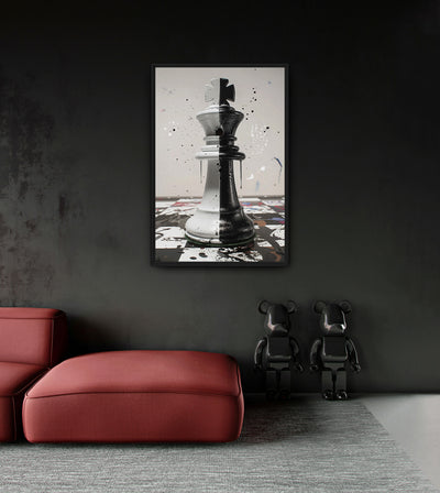Political Divide room mockup: a chess king split into black and white halves on a splattered chessboard, shown above a red chaise.