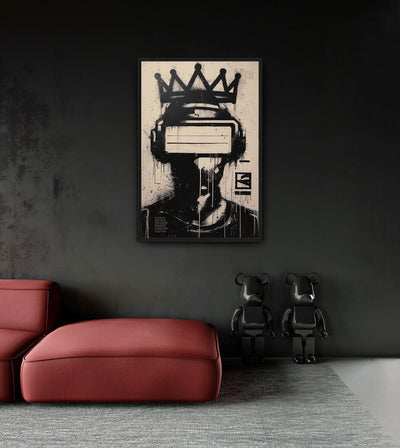 The King room mockup: a black silhouetted figure wearing a virtual-reality headset and drawn crown on beige, shown above a red chaise.