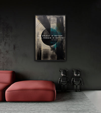 Newton's 1st Law room mockup: teal, black and cream circular geometry with the words AN OBJECT IN MOTION WILL REMAIN IN MOTION, shown above a red chaise.