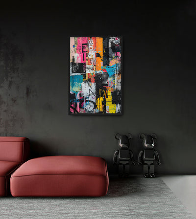 It Was All A Dream room mockup: a dense pink, orange, turquoise and black collage of layered lettering and torn shapes, shown above a red chaise.