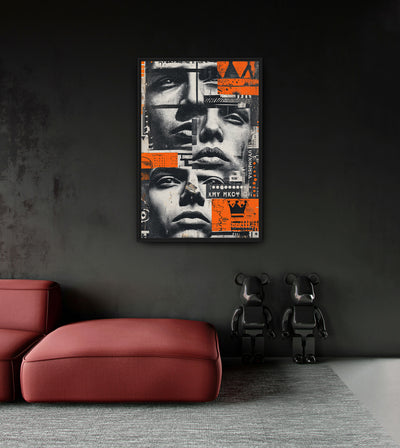 Manmade Noise room mockup: fragmented monochrome male faces with orange collage blocks, shown above a red chaise.