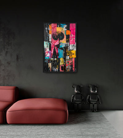 Choice to Wake Up room mockup: pink and orange collage blocks with black circular shapes, turquoise accents and paint drips, shown above a red chaise.