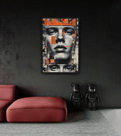 Composed Facade room mockup: a large monochrome male face with orange collage strips and a second row of eyes, shown above a red chaise.