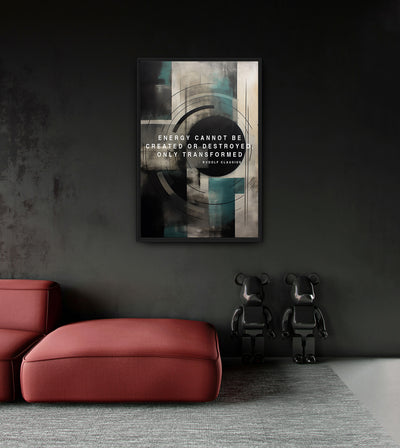 1st Law of Thermodynamics room mockup: teal and cream geometric shapes with the words ENERGY CANNOT BE CREATED OR DESTROYED ONLY TRANSFORMED, shown above a red chaise.