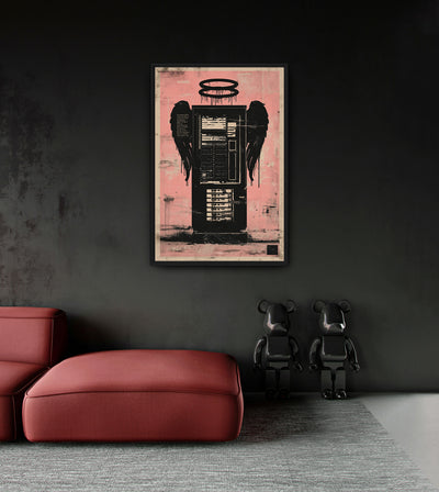 The Savior room mockup: a black server-like tower with wings and two halo rings on pink, shown above a red chaise.