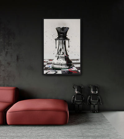 Culture War room mockup: a white chess queen with black dripping paint on a marked chessboard, shown above a red chaise.