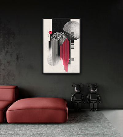 Synthetic Genesis room mockup: black, grey and red arching parallel lines with circles on cream, shown above a red chaise.