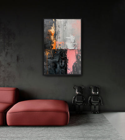 Night & Day room mockup: textured grey, black and pale pink blocks with a bright orange vertical mark, shown above a red chaise.