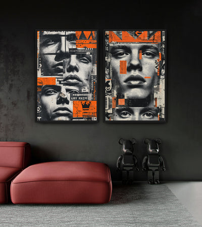 Fragments of Man Bundle room mockup: two monochrome male-face collages with orange graphic blocks, shown above a red chaise.