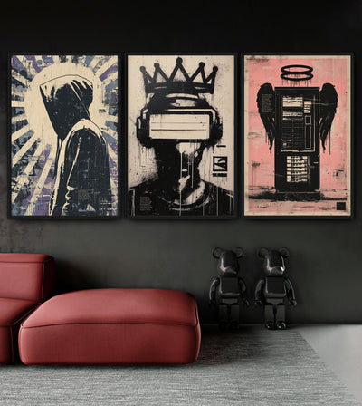Gods We Made Collection room mockup: three stencil-style artworks showing a hooded figure, a crowned headset wearer and a winged tower, shown above a red chaise.