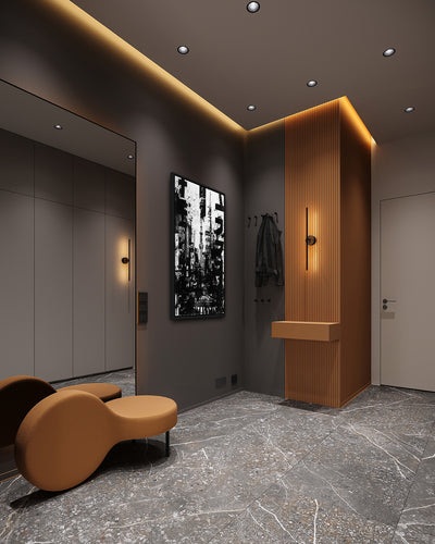 Tokyo room mockup: a black-and-white Tokyo street collage with signs and a tall tower, shown in a hallway beside an ochre chair.