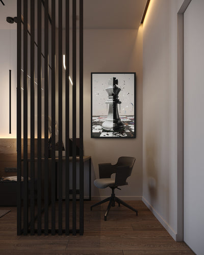 Political Divide room mockup: a chess king split into black and white halves on a splattered chessboard, shown beside a desk behind a slatted divider.