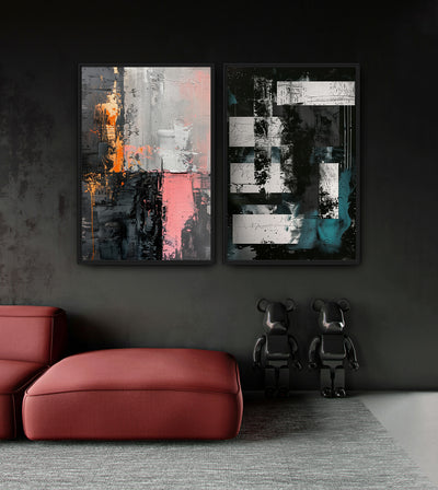 Dusk to Dawn Bundle room mockup: two abstract artworks contrasting black, white and turquoise with pink, grey and orange, shown above a red chaise.