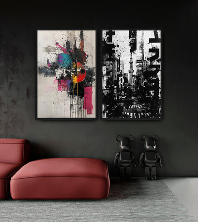 Metropolitan Madness Bundle room mockup: two artworks pairing a monochrome Tokyo collage with pink, turquoise and orange abstraction, shown above a red chaise.