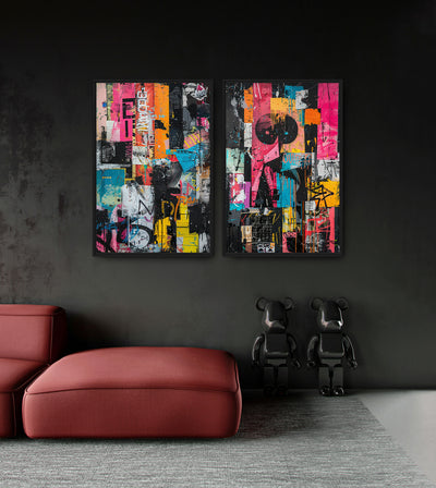 Urban Vibrance Bundle room mockup: two brightly colored collage artworks with pink, orange, turquoise and black shapes, shown above a red chaise.