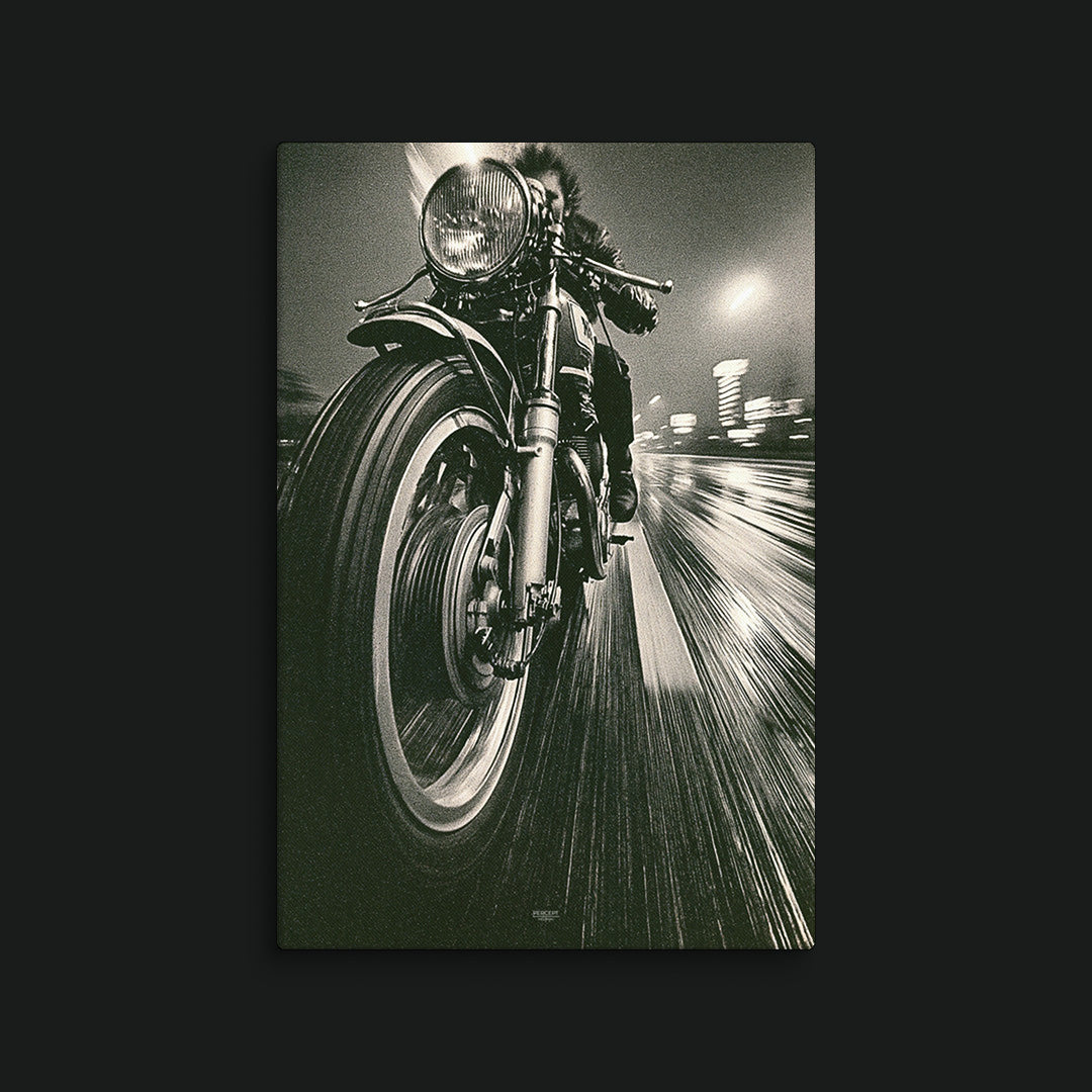 Grip black and white motorcycle canvas wall art with a close front wheel and wet-road motion