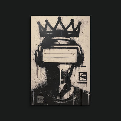 The King artwork view: a black silhouetted figure wearing a virtual-reality headset and drawn crown on beige.