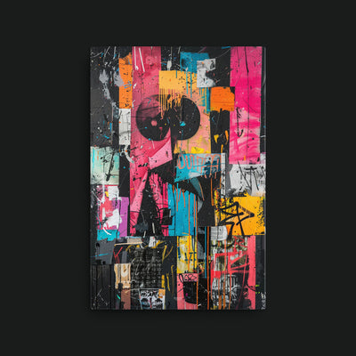Choice to Wake Up artwork view: pink and orange collage blocks with black circular shapes, turquoise accents and paint drips.