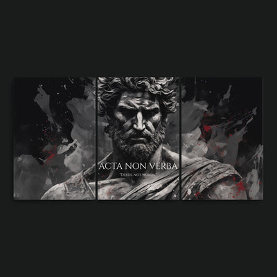 Deeds, Not Words artwork view: a three-panel monochrome bearded classical figure with ACTA NON VERBA and DEEDS, NOT WORDS lettering.