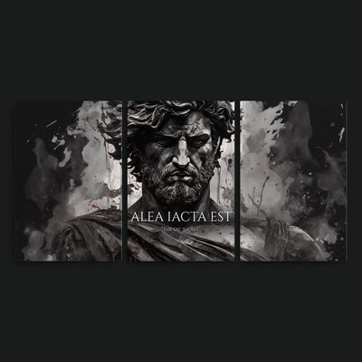 The Die Is Cast artwork view: a three-panel monochrome bearded classical figure with ALEA IACTA EST lettering.