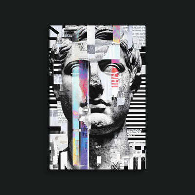 Broken Design artwork view: a fragmented monochrome classical face interrupted by colored vertical strips and collage blocks.