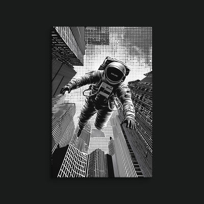 EXPLORE artwork view: a black-and-white astronaut floating between skyscrapers against halftone dots.