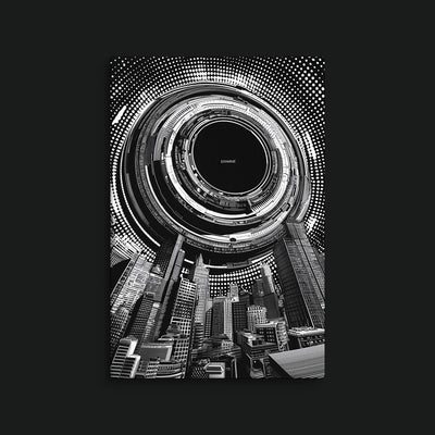 EXAMINE artwork view: a black-and-white circular mechanical opening above a distorted city skyline and halftone dots.