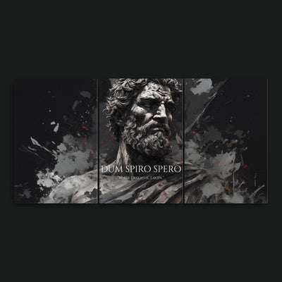 While I Breathe, I Hope artwork view: a three-panel monochrome bearded classical figure with DUM SPIRO SPERO and WHILE I BREATHE, I HOPE lettering.