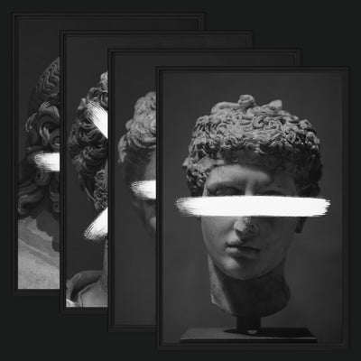One And Only Truth Collection framed artwork view: four monochrome classical heads marked with plus, minus, multiplication and division signs.
