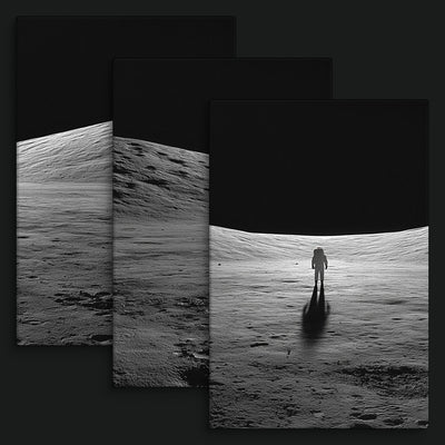 Into the Silence Collection artwork view: three monochrome lunar landscapes with a solitary astronaut in one artwork.