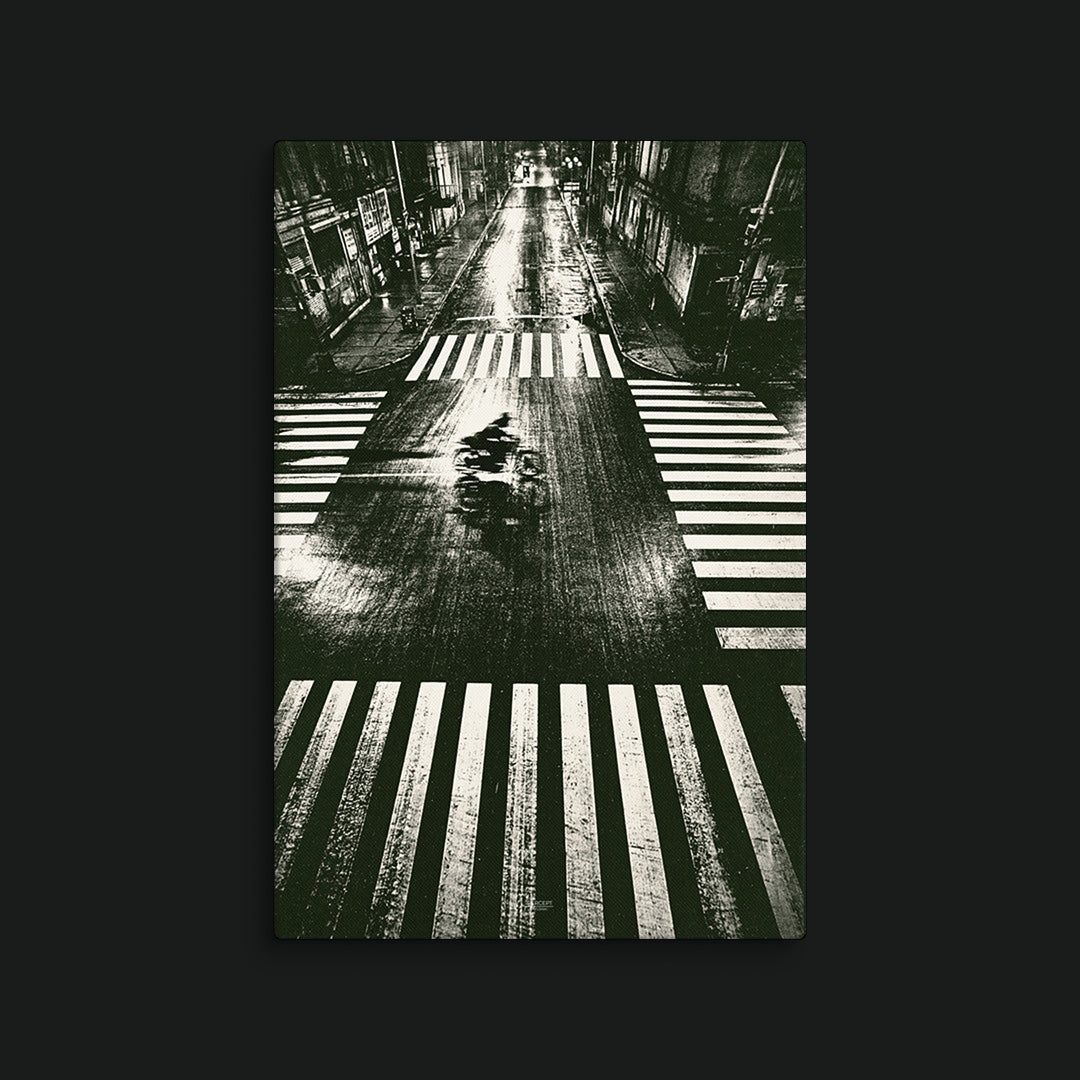 Trace monochrome motorcycle canvas wall art with an overhead wet intersection and graphic crosswalks