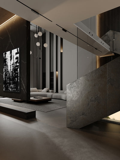 Tokyo room mockup: a black-and-white Tokyo street collage with signs and a tall tower, shown in a tall interior beside a staircase.