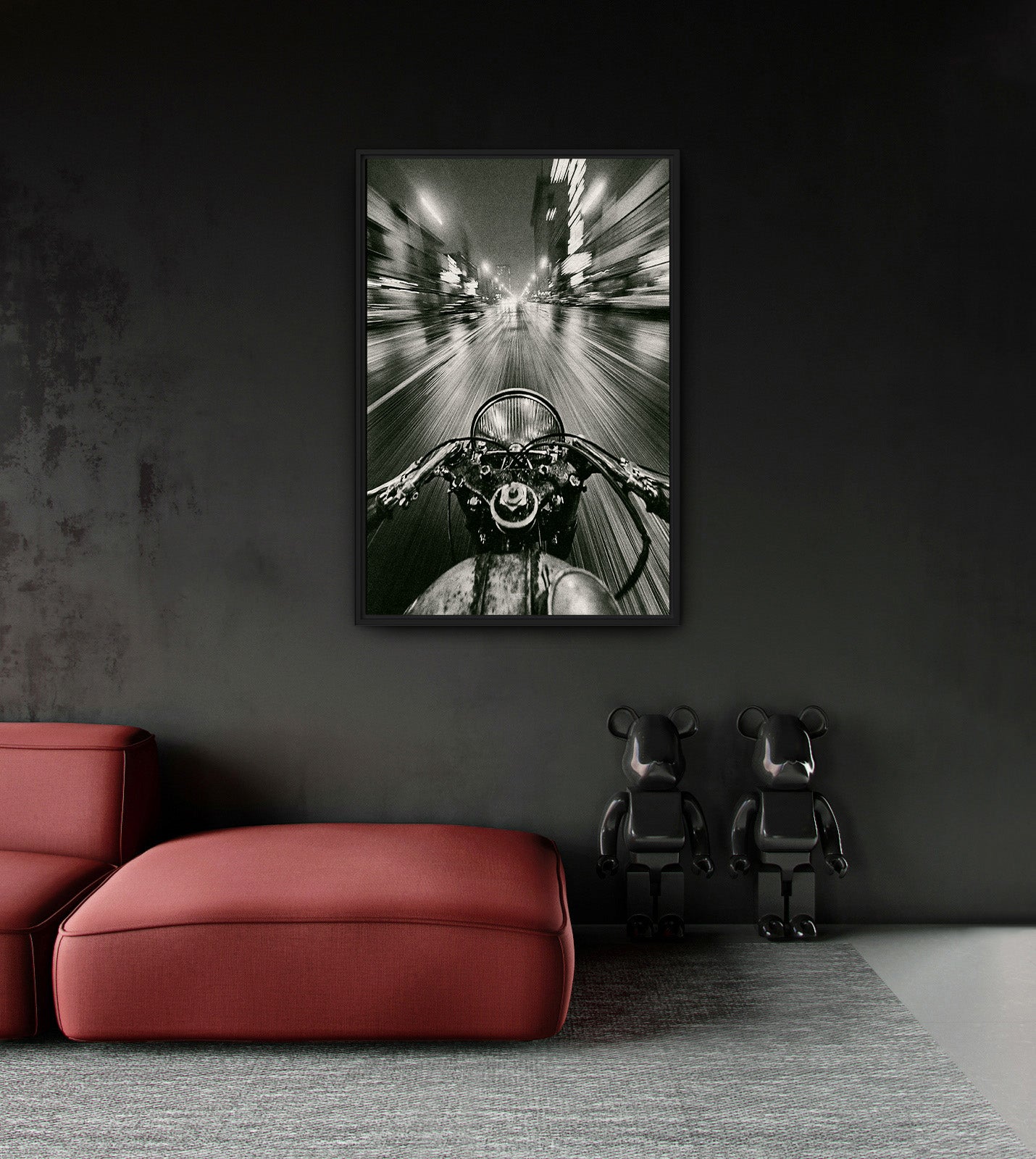 Rush motion-blur motorcycle wall art displayed in a dark modern interior