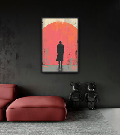 The Kingmaker room mockup: a dark figure in a brimmed hat and long coat against a large coral sun-like circle, shown above a red chaise.