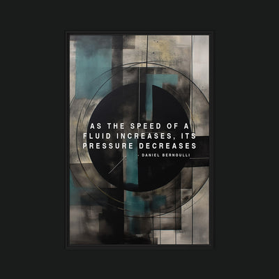 Bernoulli's Principle framed artwork view: teal and cream circular geometry with the words AS THE SPEED OF A FLUID INCREASES, ITS PRESSURE DECREASES.