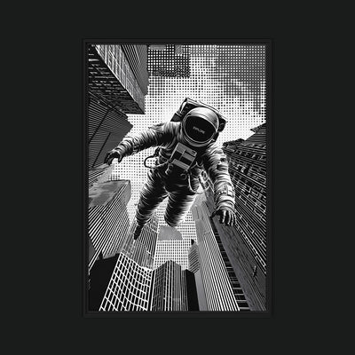 EXPLORE framed artwork view: a black-and-white astronaut floating between skyscrapers against halftone dots.