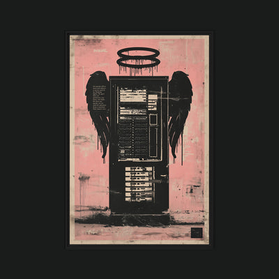 The Savior framed artwork view: a black server-like tower with wings and two halo rings on pink.