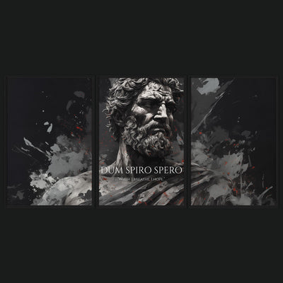 While I Breathe, I Hope framed artwork view: a three-panel monochrome bearded classical figure with DUM SPIRO SPERO and WHILE I BREATHE, I HOPE lettering.