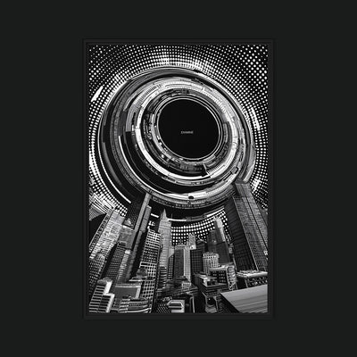 EXAMINE framed artwork view: a black-and-white circular mechanical opening above a distorted city skyline and halftone dots.