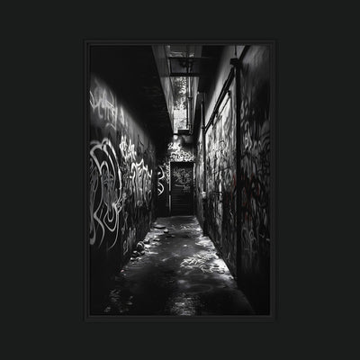 Richness in Poverty framed artwork view: a monochrome narrow alley covered in graffiti.