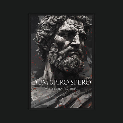 While I Breathe, I Hope framed artwork view: a monochrome bearded classical figure with DUM SPIRO SPERO and WHILE I BREATHE, I HOPE lettering.