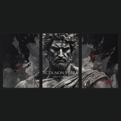 Deeds, Not Words framed artwork view: a three-panel monochrome bearded classical figure with ACTA NON VERBA and DEEDS, NOT WORDS lettering.