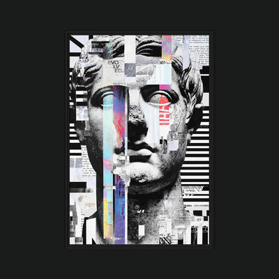 Broken Design framed artwork view: a fragmented monochrome classical face interrupted by colored vertical strips and collage blocks.