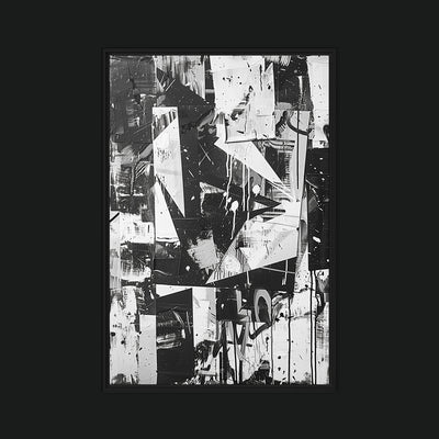 Shadows of the Past framed artwork view: sharp black-and-white collage fragments and drips.